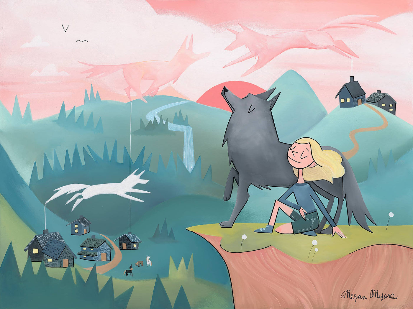 Pink Sky Wolves Print